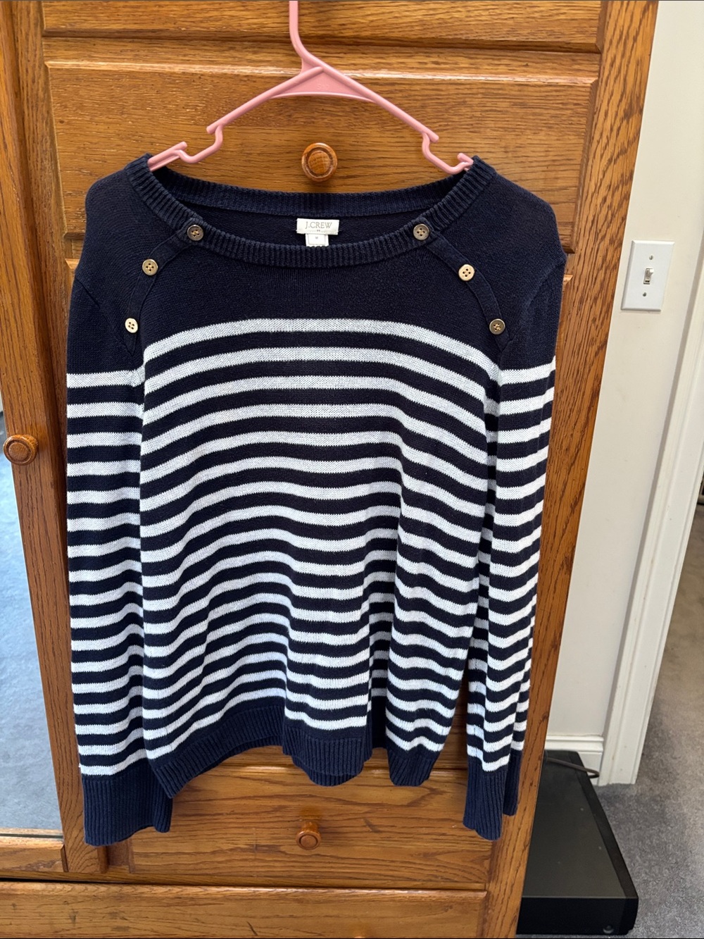 J. Crew Navy & White Striped Button-Shoulder Crewneck Sweater